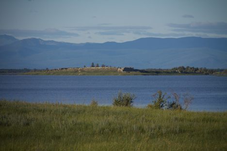 The ruin sits on a spit of land in Lake Tere-Khol, in Tuva, Russia.