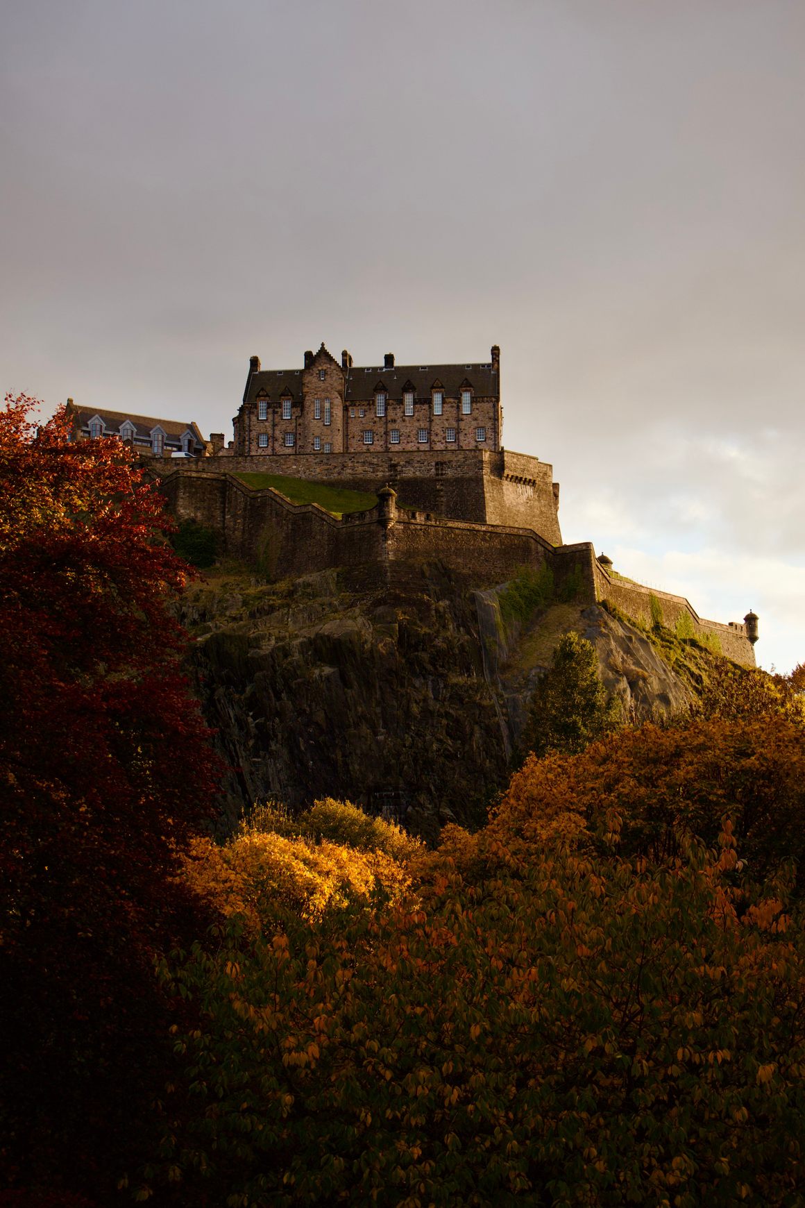 Edinburgh Castle, seen from below at sunset. 