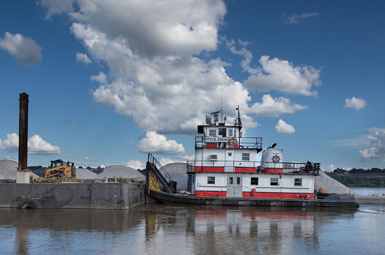 One of Carla Jenkins’s towboats, the “Bettye M. Jenkins,” sits at her dock in Vidalia, Louisiana on Oct. 6, 2019. Jenkins’s father, who built the boat, named it after Jenkins’s mother. 