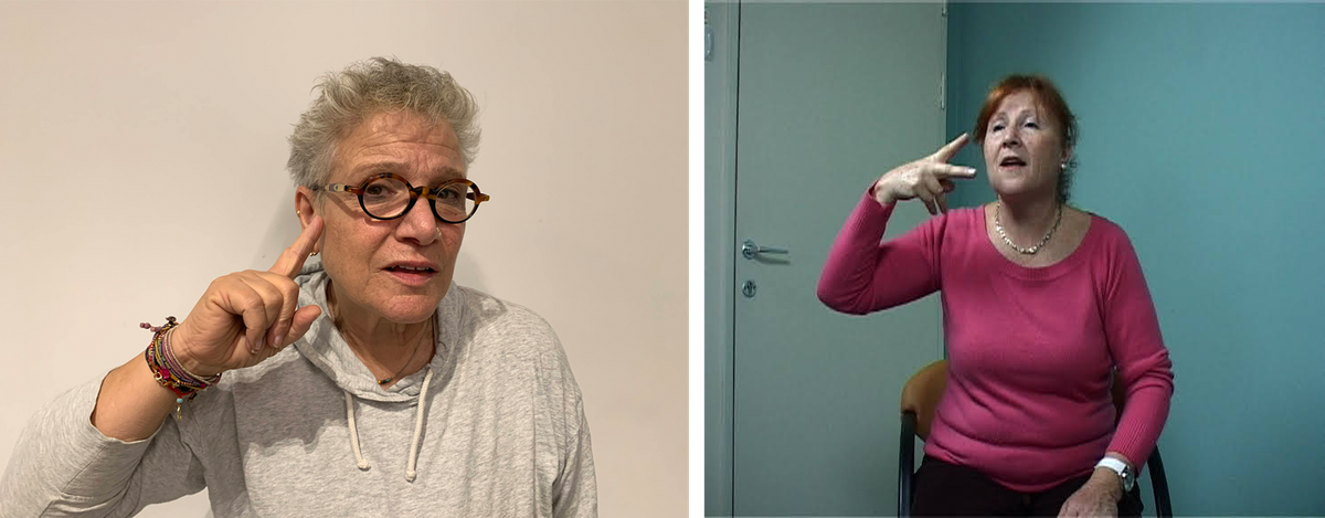 Sara Lanesman signs "deaf person" in Israeli Sign Language (ISL; left); A study participant signs "deaf" in Algerian Jewish Sign Language (AJSL)—the sign literally means to cut, or can't speak.