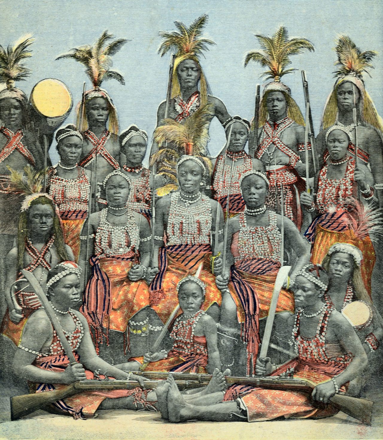 The real women warriors of the Dahomey Kingdom, photographed here in 1897, have been the subject of many fictional tales, including the upcoming film <em>The Woman King</em>, starring Viola Davis.