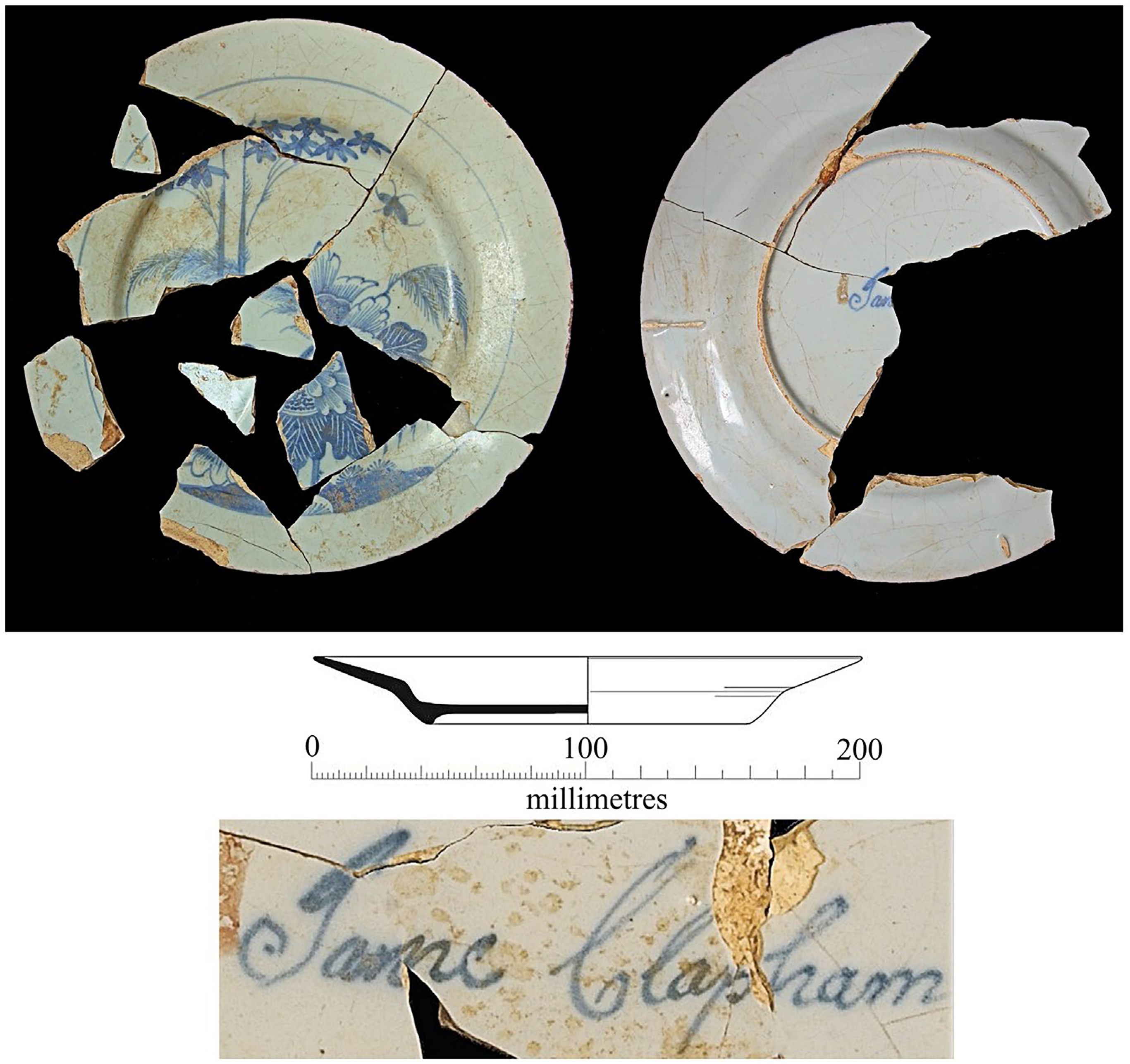 An earthenware plate marked with the name of Jane Clapham, who ran the coffeehouse with her husband William from the 1740s until the 1770s.