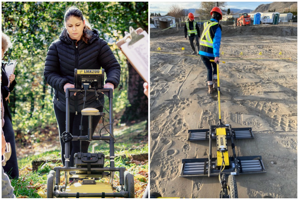Anthropologist Sarah Beaulieu operates a lawnmower-like GPR instrument (left); A technician operates a GPR instrument on the grounds of the Tk’emlúps te Secwépemc First Nation in British Columbia (right).