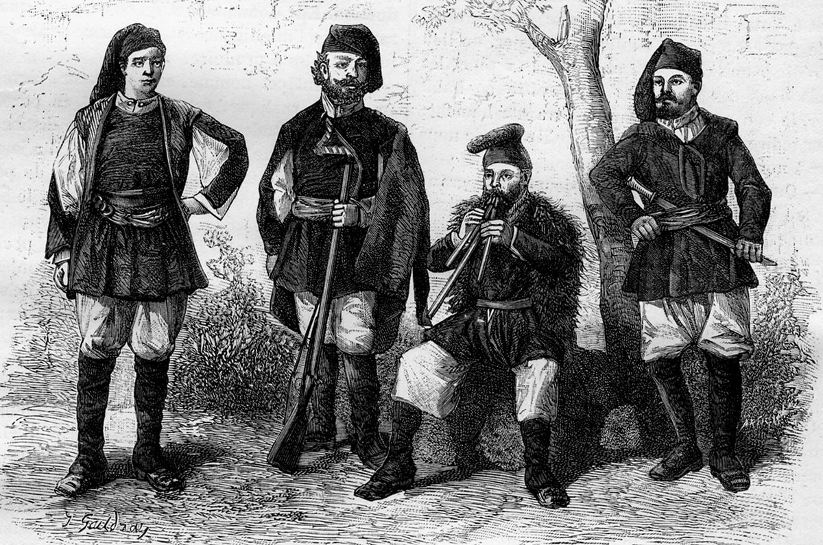 An illustration of Sardinian men wearing traditional costumes from the 18th century.