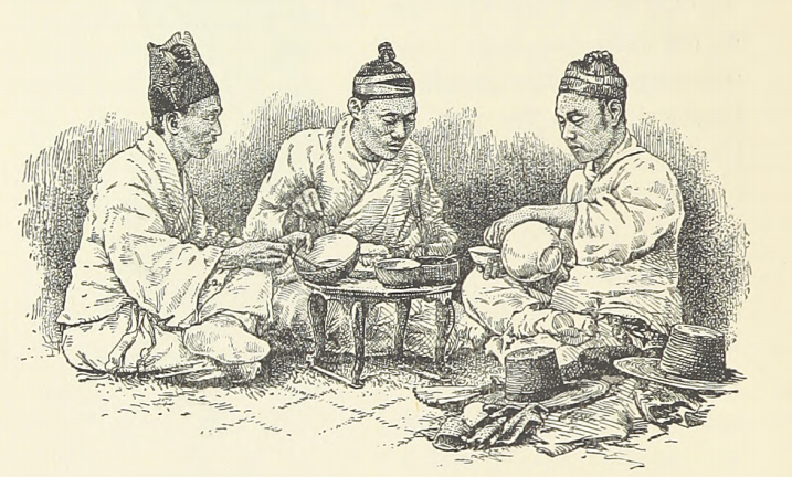 This illustration, captioned "Korean peasants at dinner," shows a convivial meal.