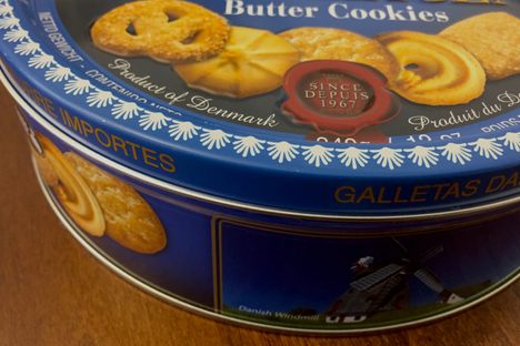 A classic blue butter cookie tin (though not the Royal Dansk brand).