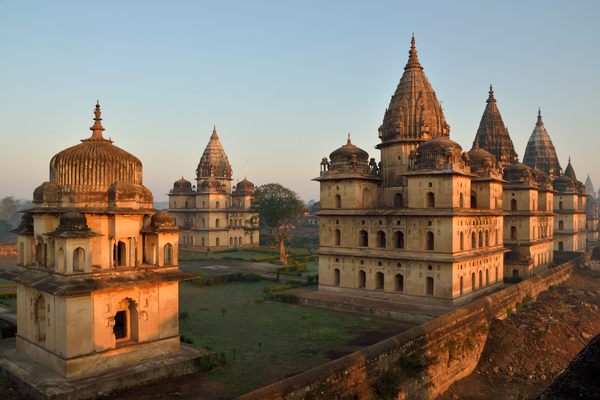 Cenotaphs in Orchha at sunrise.
