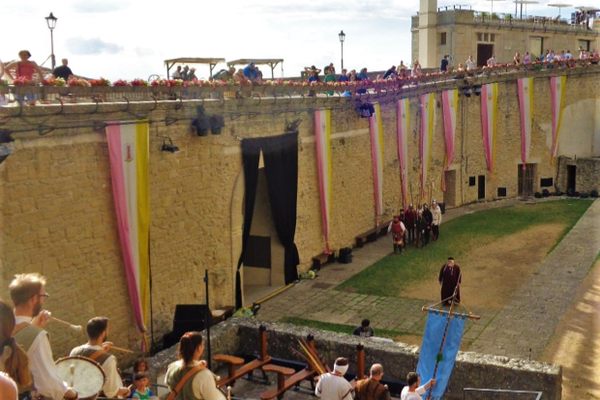 The wooden benches on the lower left are special benches for loading and firing crossbows.