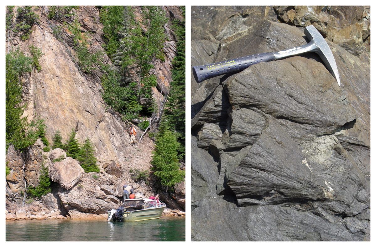 Patterson Island's 30-foot (possible) shatter cone towers over geologists (left); the team also turned up several smaller shatter cones during their work on the island (right).