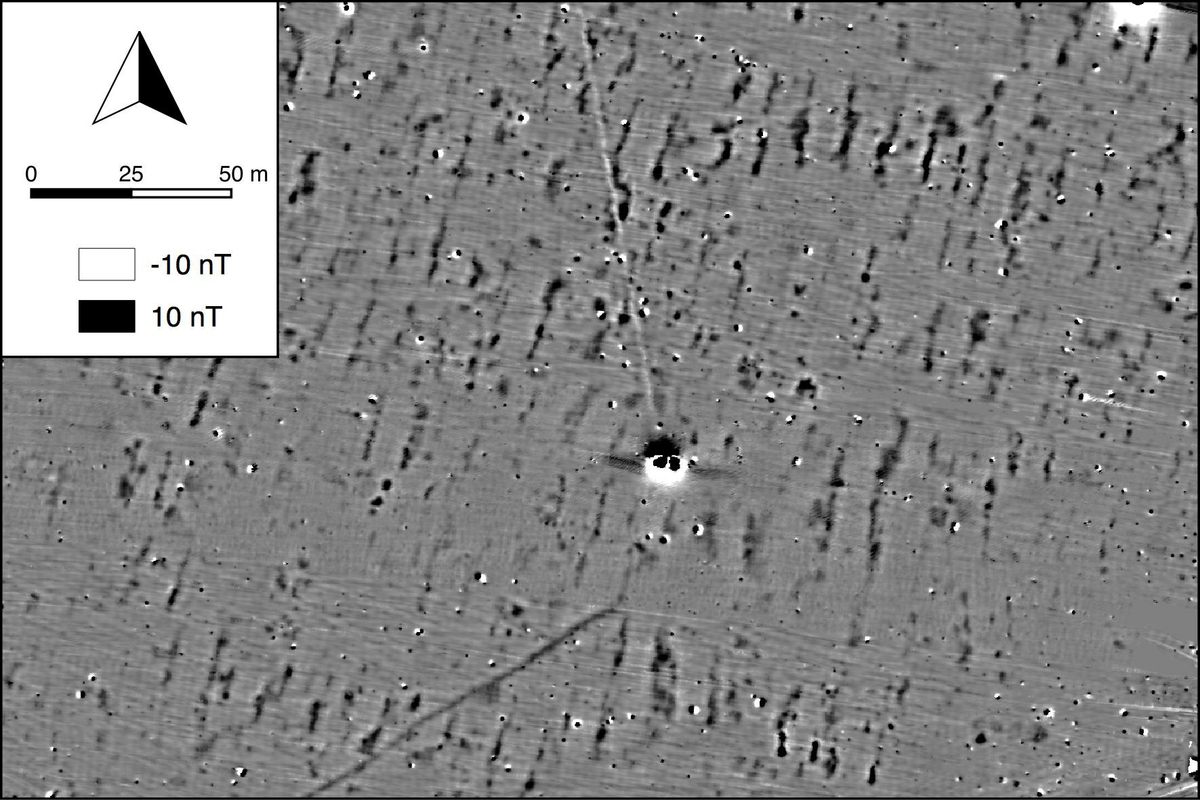 The magnetic plan of the Neolithic settlement indicates where many of the site's walls were, shown here by the neatly aligned black streaks.