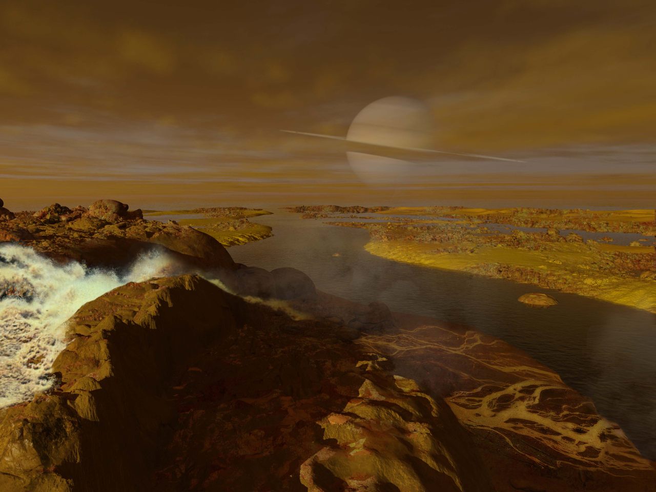 The methane river delta on Titan, one of Saturn's moons, as depicted by space artist Ron Miller.
