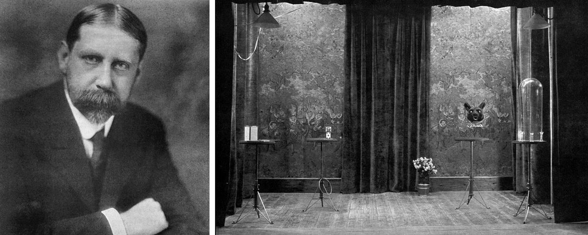 From left: Dr. Samuel Hooker date unknown, and a recreation of his original set at Remsen St. The drapes, tables, and teddy bear head, nicknamed Miltiades III, are all original props of Hooker's.