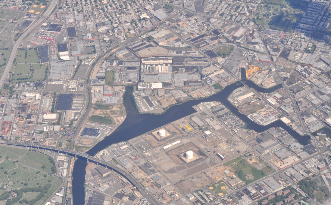 In this image looking southeast at the border between Queens and Brooklyn, the area briefly known as Haberman is at center-left, beside Newtown Creek.