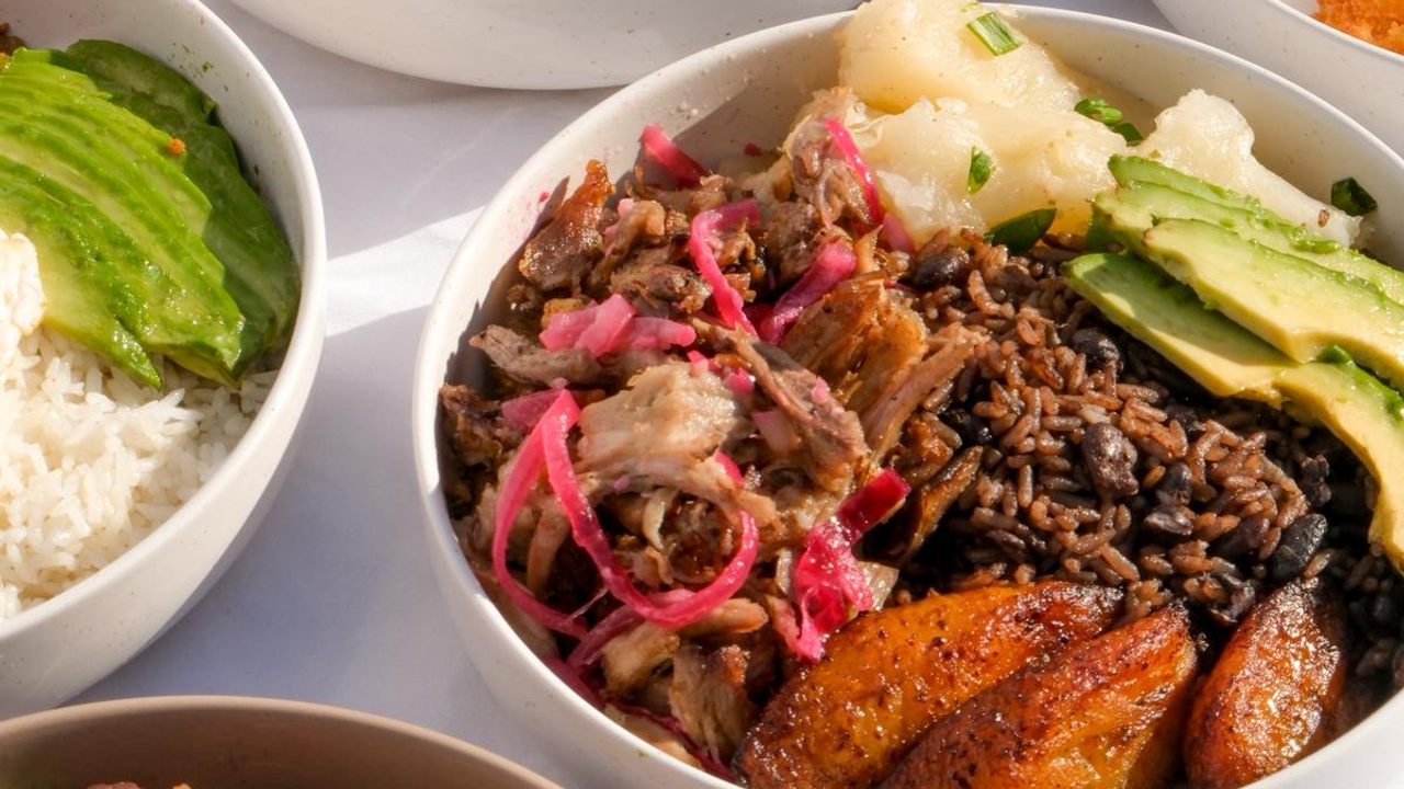 From top: a Cuban-inflected take on arancini; cerdo asado; and arroz frito. 