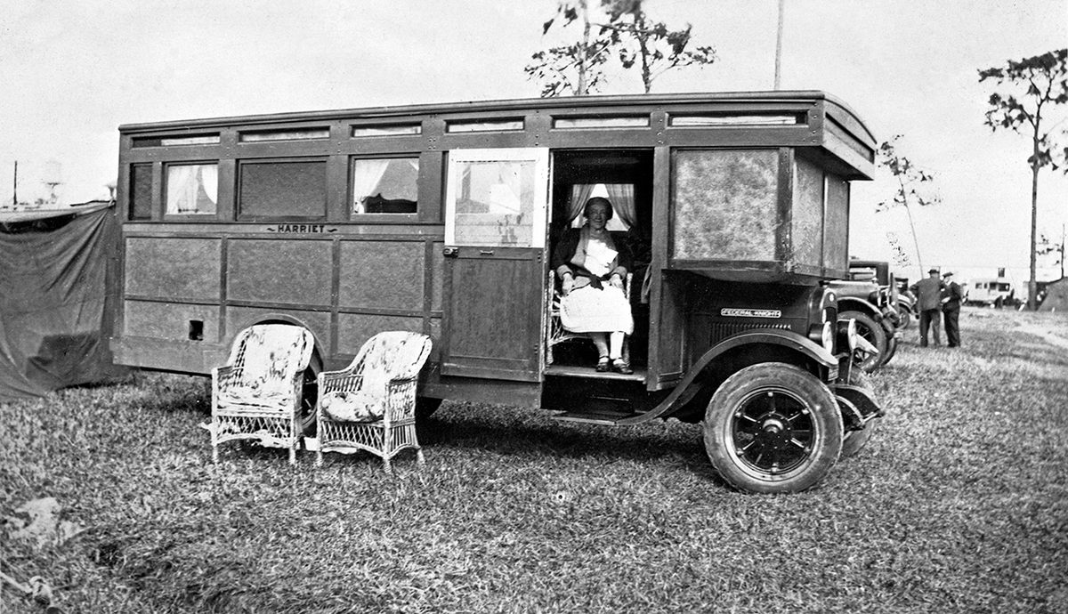 When it came to modifying camper vans, the Tin Can Tourists pulled out all the stops. This house car from 1929—belonging to Harriett Warren, Flora Kavanaugh, and Westel Ashe, all of Brattleboro, Vermont—was nicknamed “Harriett." Cars like these were common sights at Tin Can Tourist campsites. As RV camping grew more popular, auto shows became more frequent, and campers began to trick out their cars and buses to impress other group members.