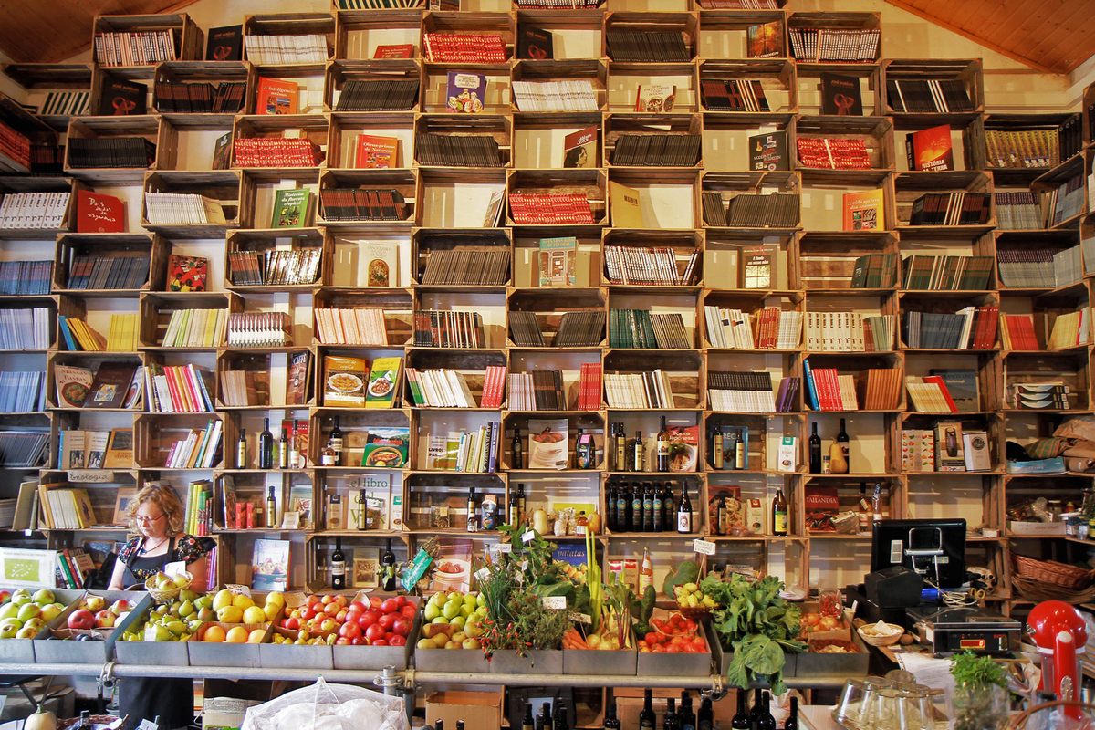 A market doubles as a bookstore in Obidos, Portugal.