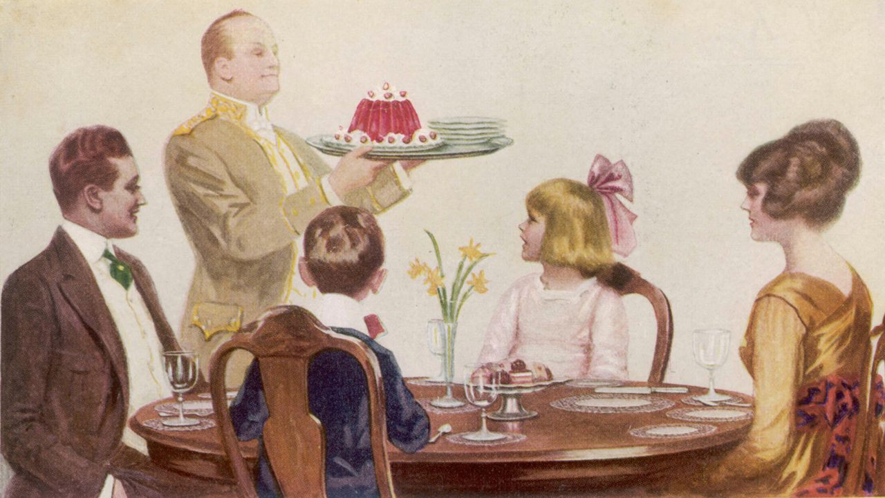 This image comes from a Jell-O advertisement that reads, "Isn't it evident from the butler's face that he is proud of the dish?"