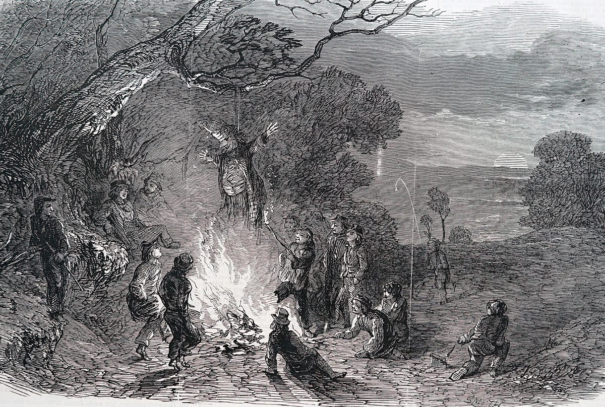 As seen in an 18th-century illustration of a Guy Fawkes celebration, effigies were popular targets for destruction.