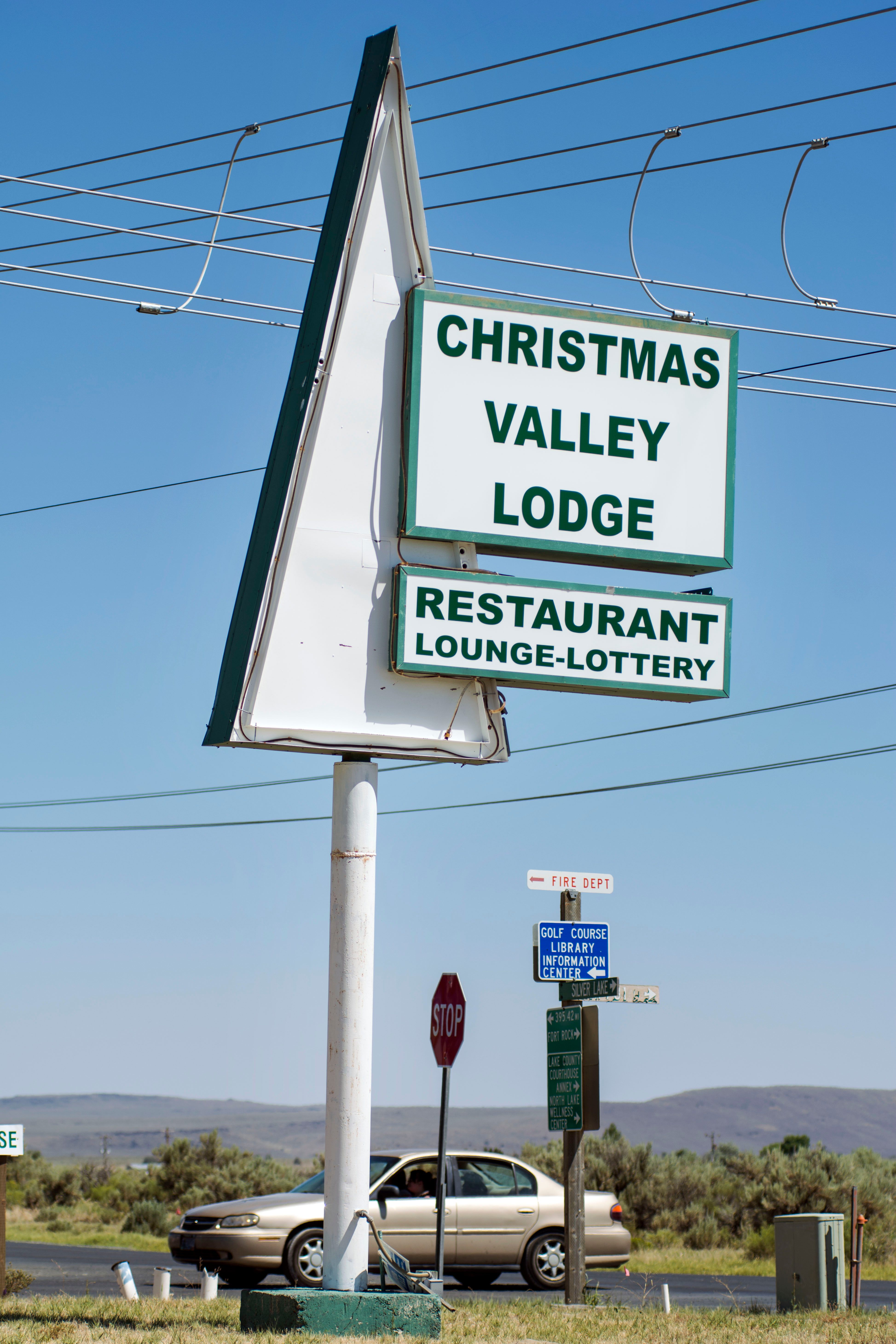 The sign for the Christmas Valley Lodge, which Phillips built.  