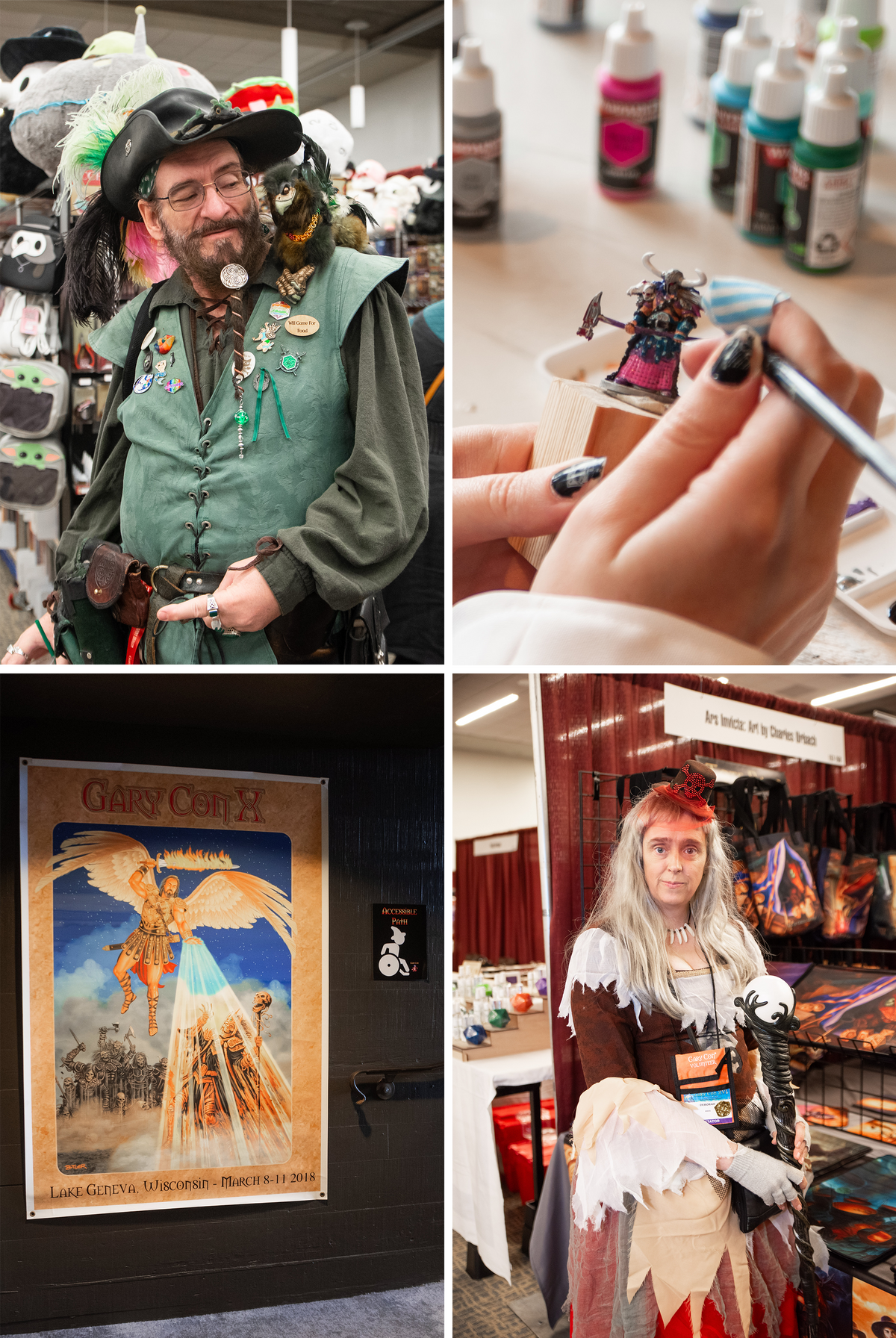These photos capture some moments from the 2024 Gary Con, from costume-clad attendees to old Gary Con posters (bottom left) to tables where patrons could paint and design their very own miniatures (top right).