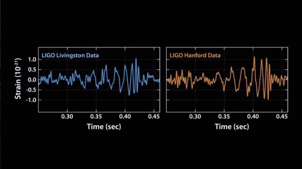 LIGO data from Hanford and Livingston. The fact that it matched proved that the disturbance was not localized, but from far out in the universe.