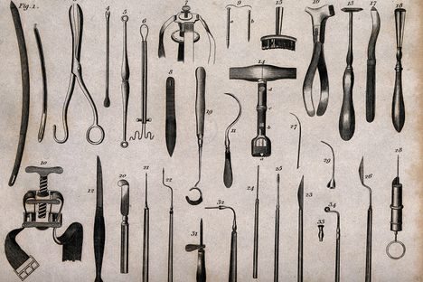 An engraving of surgical instruments.