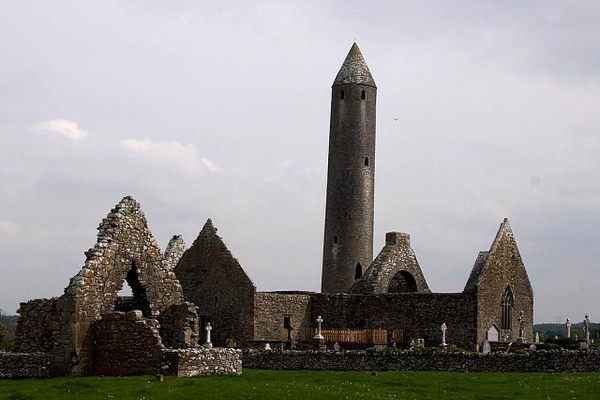 Kilmacduagh round tower in the burren Ireland