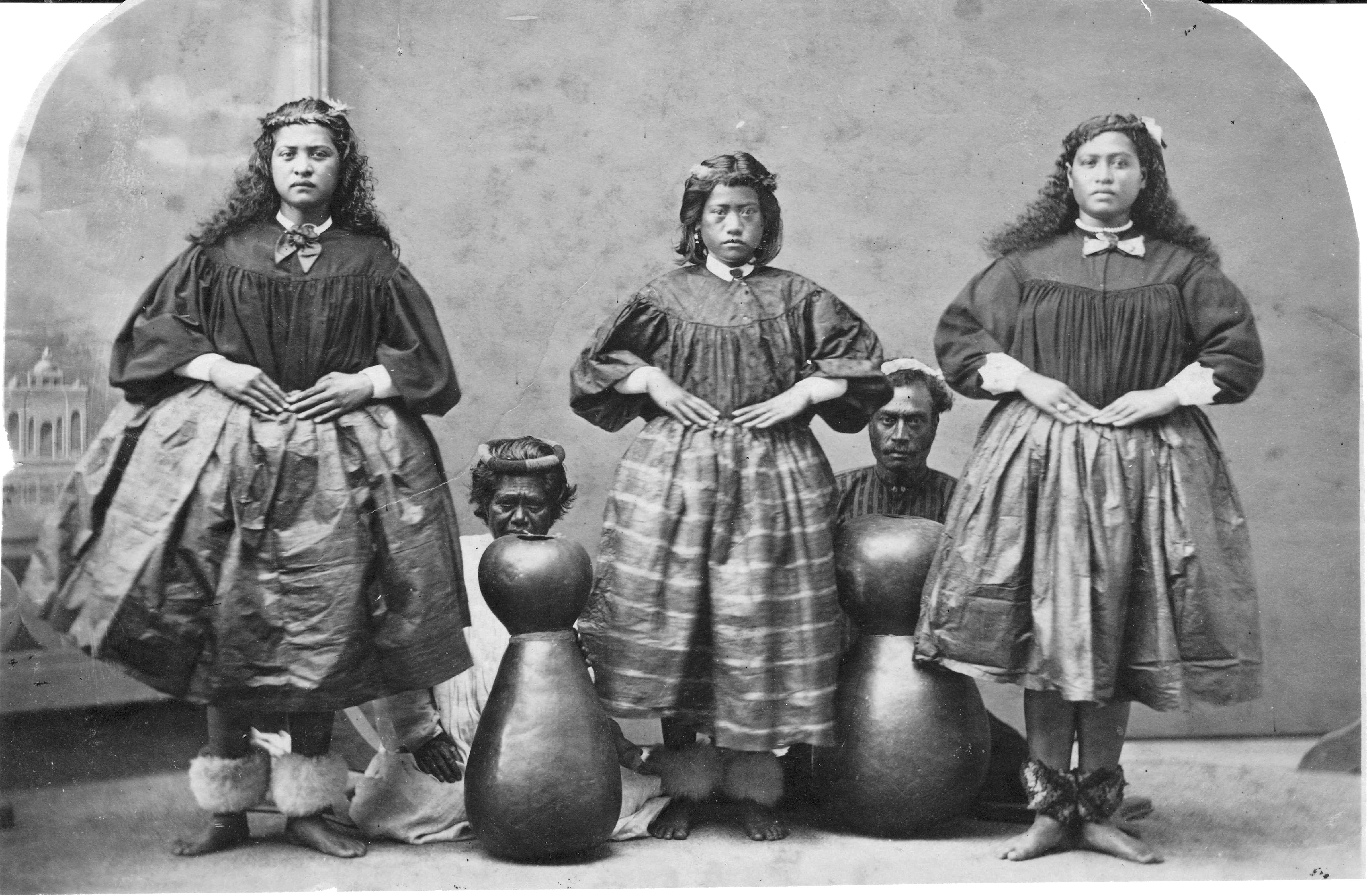 Hawaiian hula dancers photographed in J. J. Williams's photo studio, circa 1885.