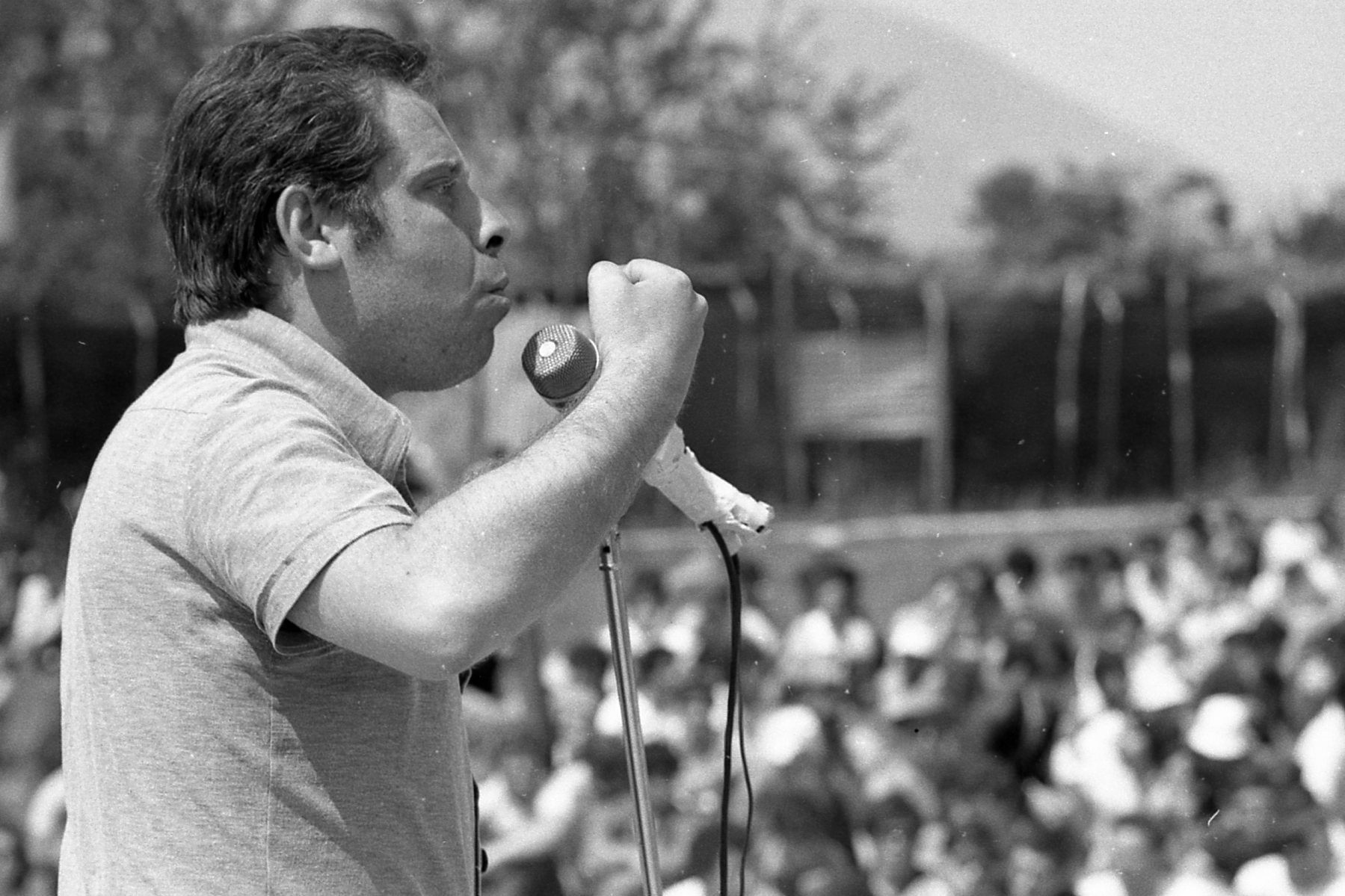 Generoso Simeone, head of Italy's far right Movimento Sociale Italiano (MSI), speaks at Camp Hobbit. The MSI was one of the organizers of Camp Hobbit, but quickly fell to infighting following a widely successful Camp Hobbit III in 1981.