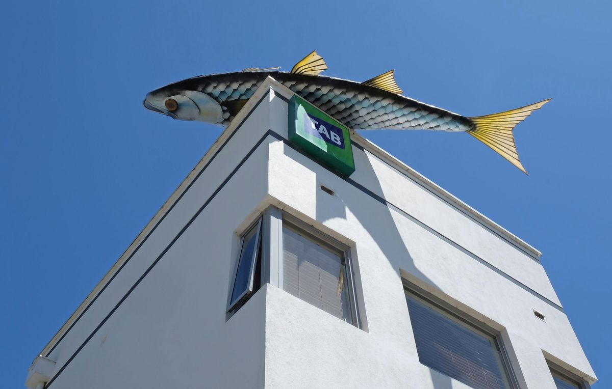 One of the oddest in a collection of oddities, the Big Dead Fish is perched on a rooftop in Victoria.