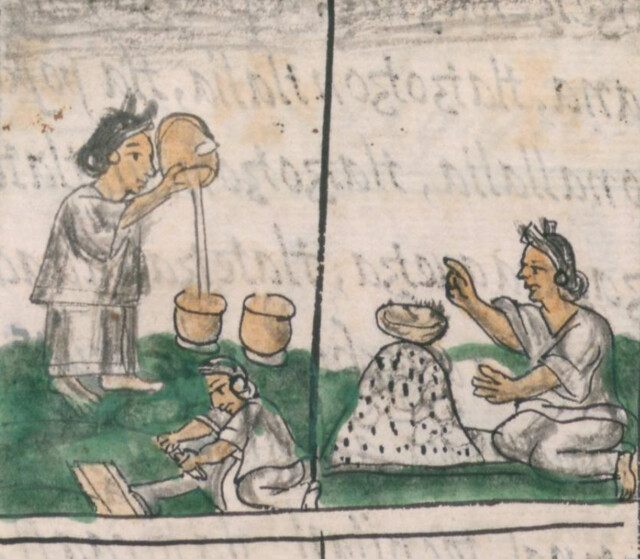 An illustration from a 16th-century Spanish treatise shows indigenous American women making hot chocolate.