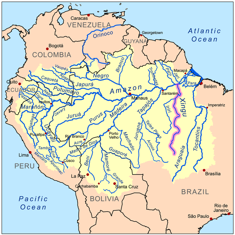 Map of the Amazon Basin with the Xingu River highlighted