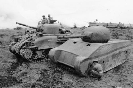 From afar, this British dummy tank would be easily fooled for the real tank it stands next to.