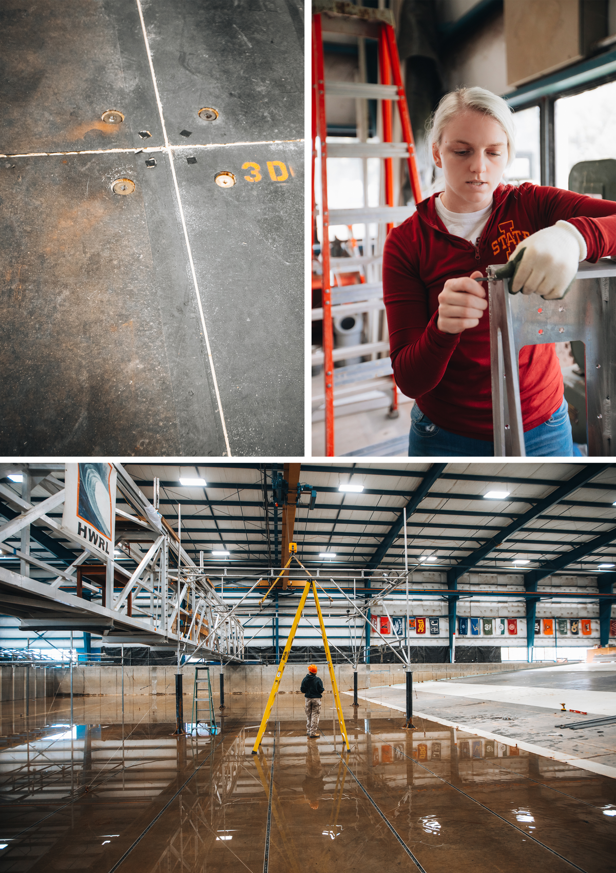 Metal plates can be reconfigured in the lab's wave basin to replicate different coastal environments (top left); grad student Courtney Beringer puts the finishing touches on her wave-energy converter prototype (top right); the sprawling wave basin, 160 feet long, is nicknamed "the steel beach" (bottom).