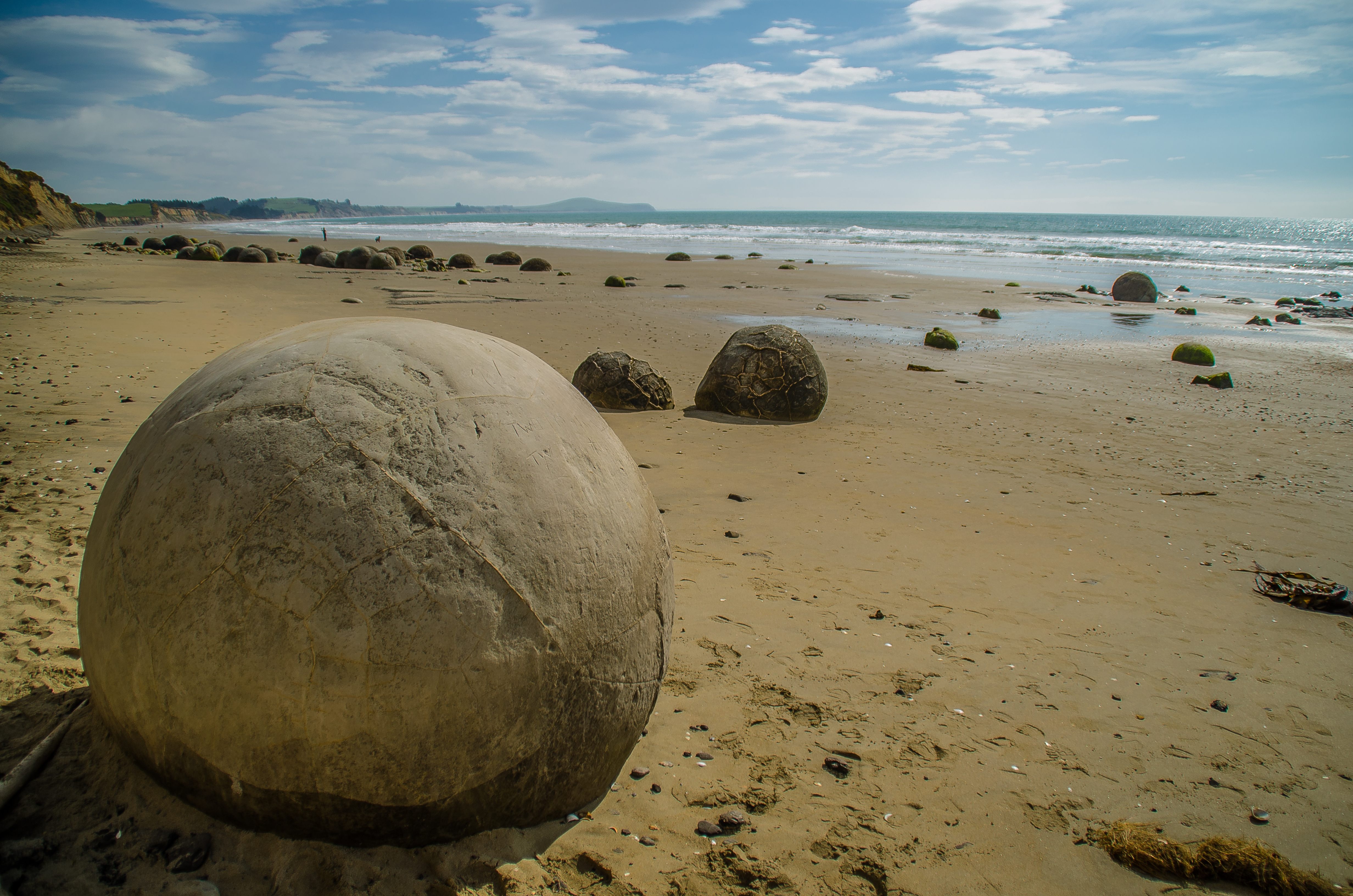An exceptionally round concretion in the Moeraki Boulders cluster in New Zealand.