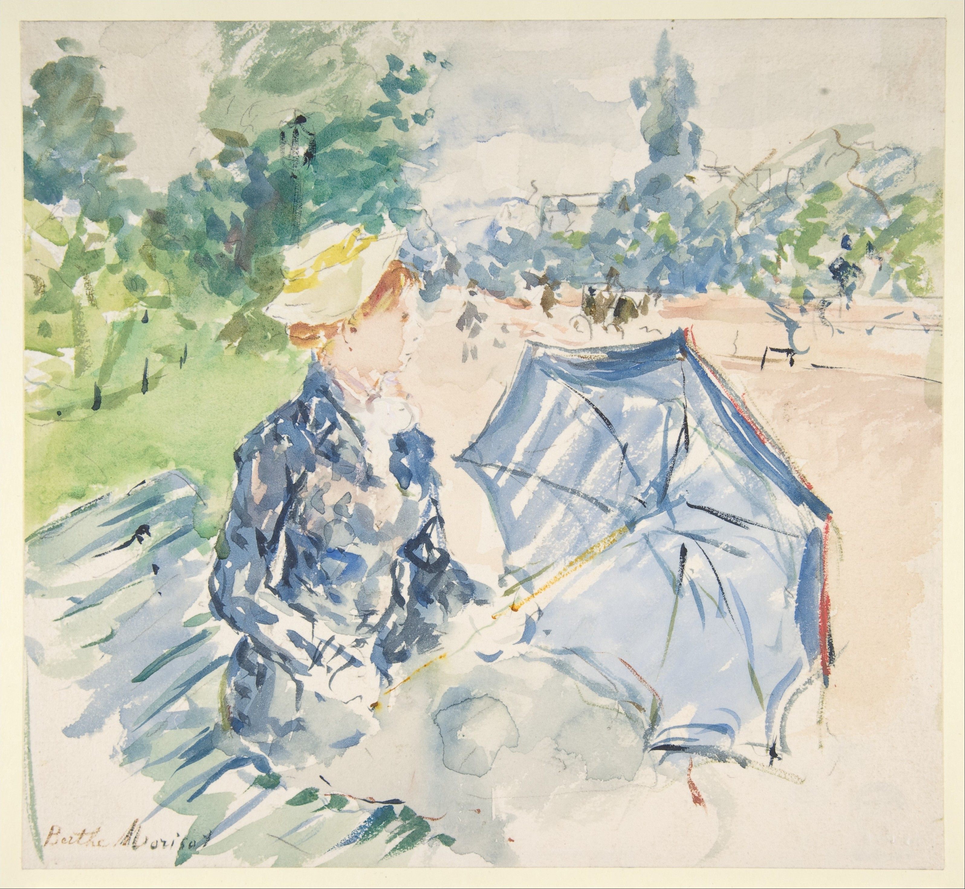 Berthe Morisot painted this view of a woman on a bench on the Avenue du Bois in 1885.