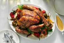 Bronzed and pleasantly spicy from a dry-brine of chiles and mint, this turkey is anything but bland or boring. 