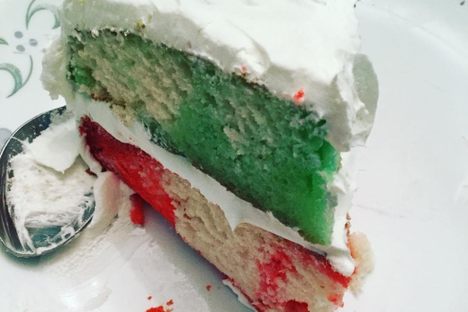 Raspberry and lime layers of poke cake.