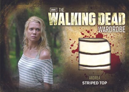A card featuring a scrap of wardrobe from The Walking Dead.