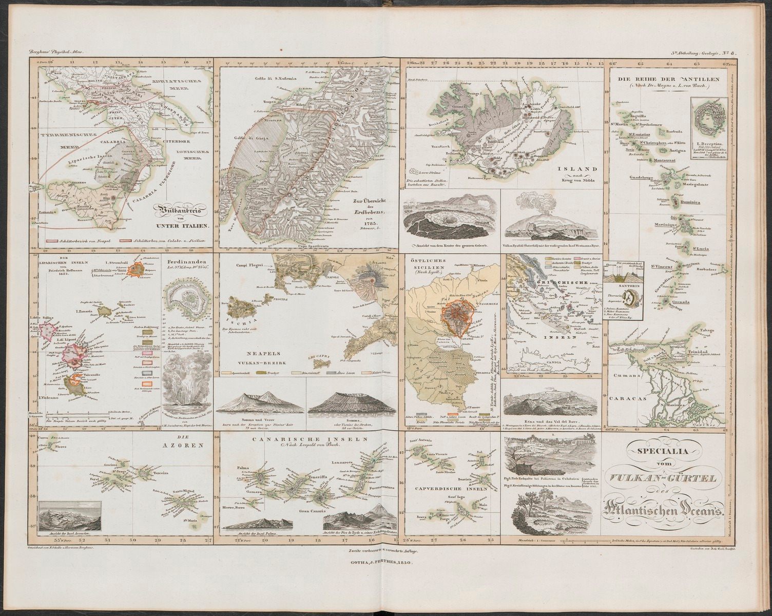 A comparison of volcanic sites across the Atlantic Ocean, from the Physikalischer Atlas.