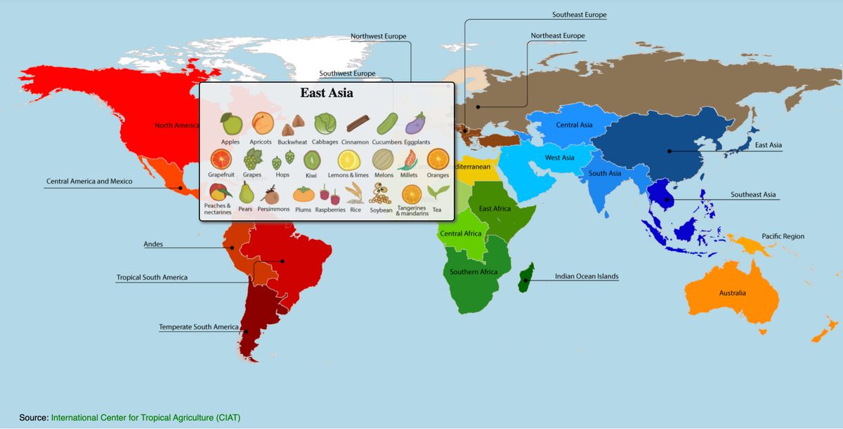 Tangerines, mandarins, and many other crops are originally East Asian.