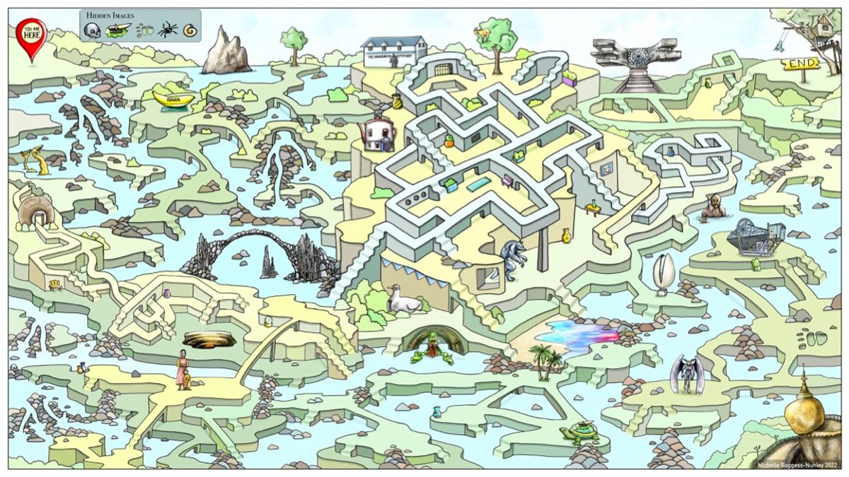 Click to download a PDF of the Atlas Obscura maze! You can go up stairs, but not waterfalls, and you can't cross rocks. 