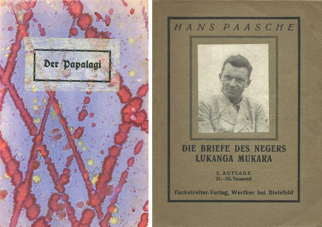 The first German edition, published in 1920 (left), and a suspiciously similar volume published several years prior, <em>The Journey of Lukanga Mukara Into the Innermost of Germany</em>, by explorer Hans Paasche (right).