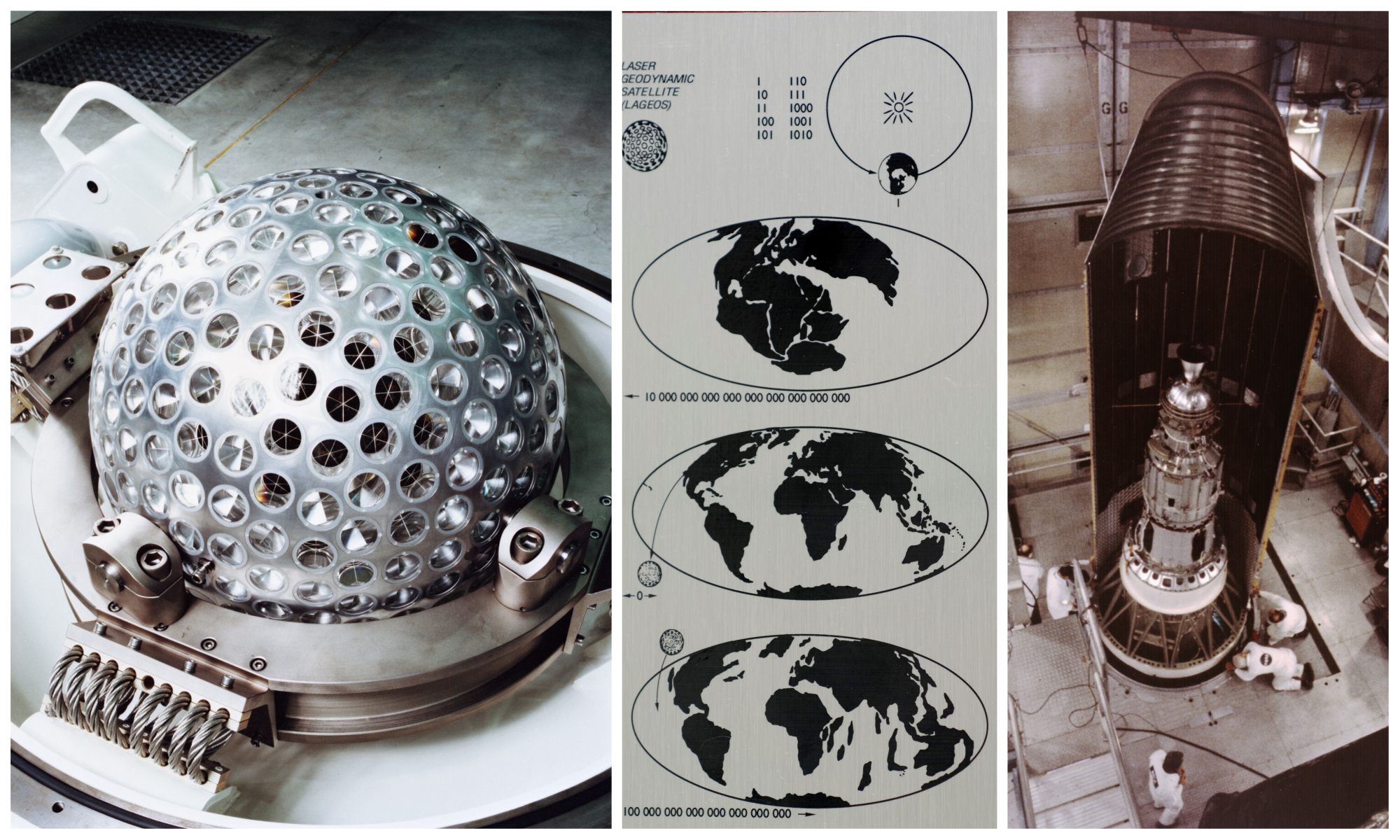 The Italian LASER Geodynamics Satellite (LAGEOS); the LAGEOS plaque, designed by Carl Sagan as a message to future civilizations; the satellite inside the nose cone of a rocket (left to right).