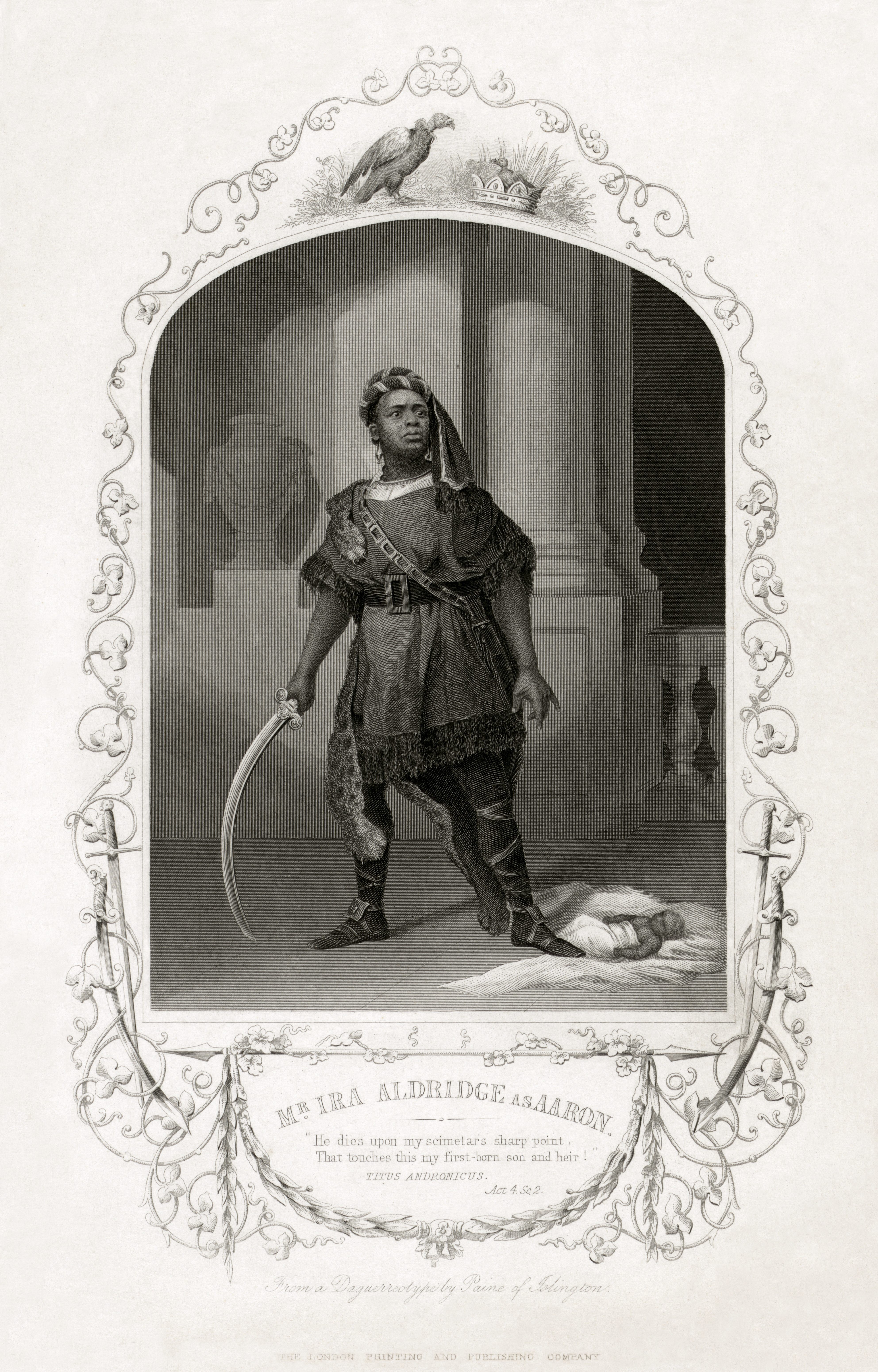 Engraving of Ira Aldridge as Aaron in <em>Titus Andronicus</em> ("Is black so base a hue?"), c. 1852