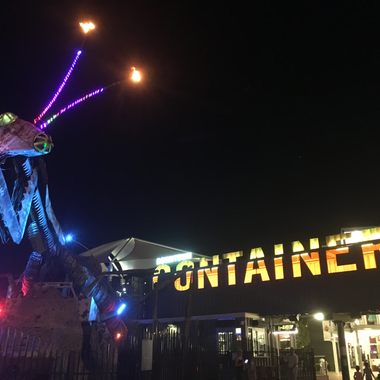 The Mantis seen with the Container Park entrance sign.