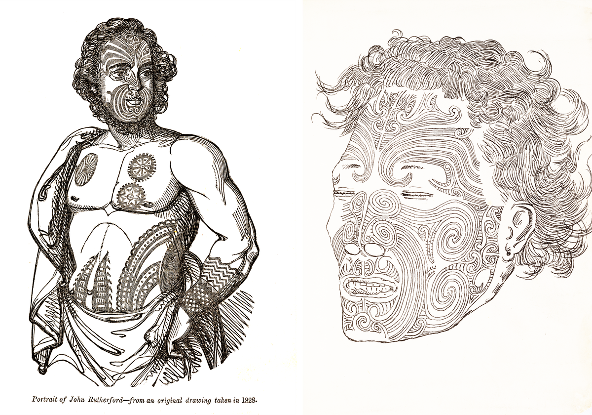 A portrait of John Rutherford, a British sailor who was tattooed in New Zealand, from G.L. Craik's 1830 <em>The New Zealanders</em> (left); A graphic image of a <em>mokomokai</em> by Horatio G. Robley, ca. 1900 (right).
