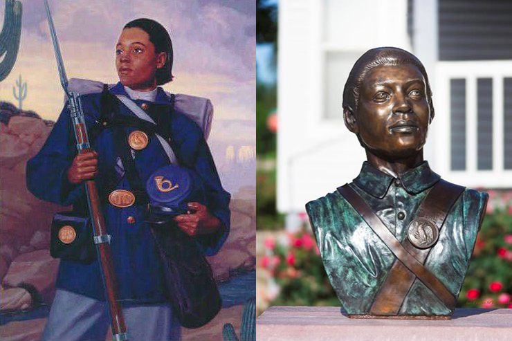 Left, artist William Jennings' fictional illustration of Cathay Williams; right, the monument to Williams in Leavenworth, Texas, by Eddie Dixon.