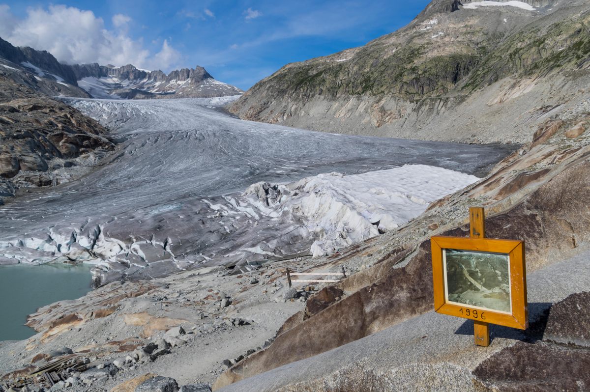 Near Gletsch, signs mark the places where the glacier once reached, but no longer does.