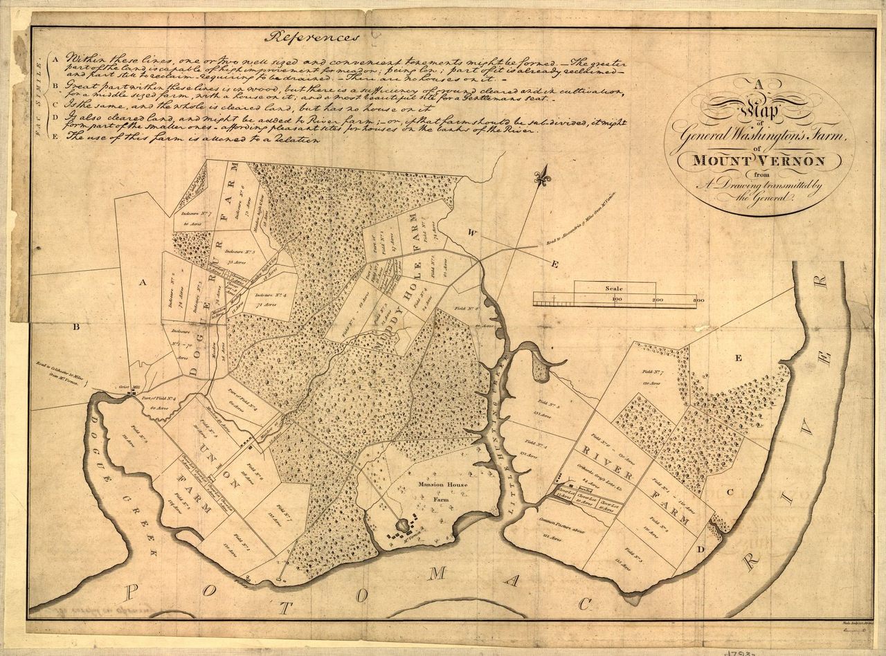 A map of U.S. President George Washington's Mount Vernon estate from a drawing transmitted by the General. Published in 1801.